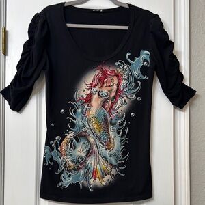 Black Top With Mermaid Graphic in Colorful Rhinestone